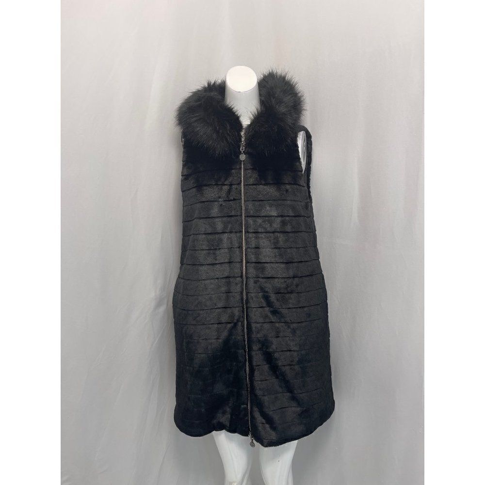 Lickylu Milano Black Removable Hoodie Sleeveless Faux Fur Coat Size S